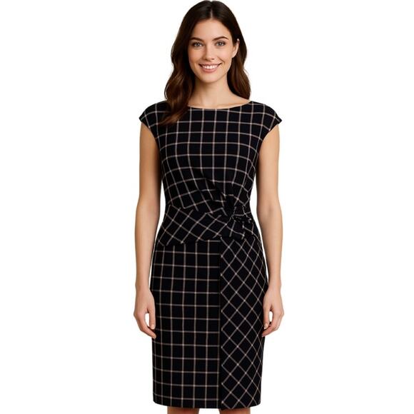 David Meister Black Plaid Cap Sleeve Sheath Dress 8 M Scoop Neck Career Work - Picture 3 of 11